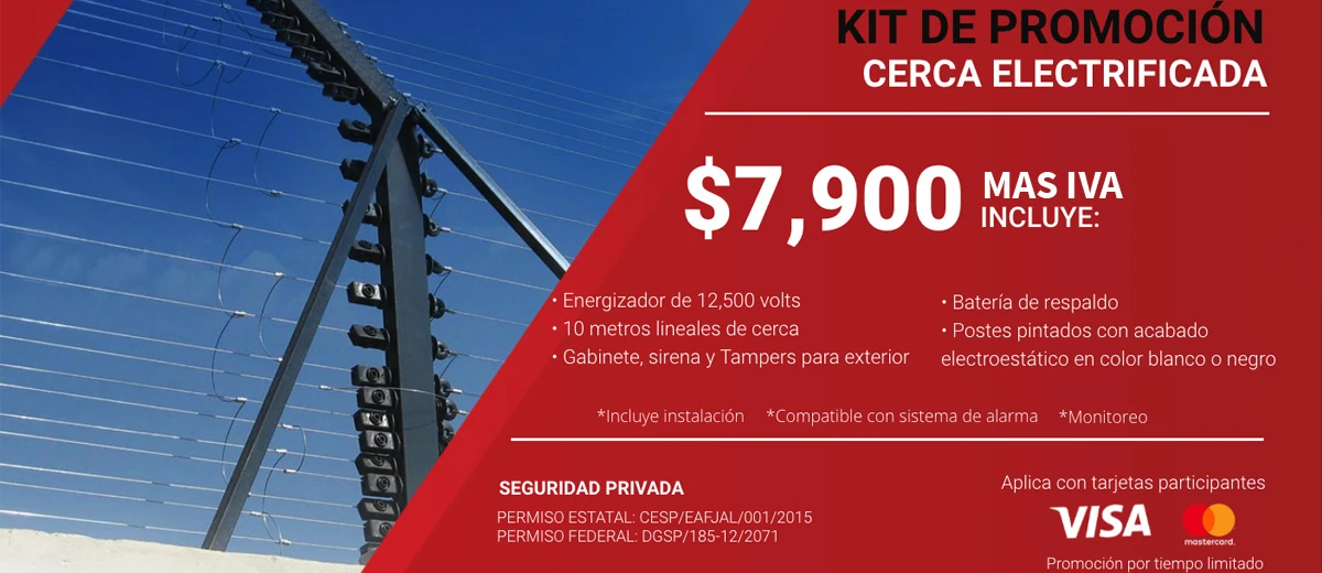 Promoción de kit de cerca electrificada por $7,900 más IVA con energizador, 10 metros de cerca, sirena y batería de respaldo