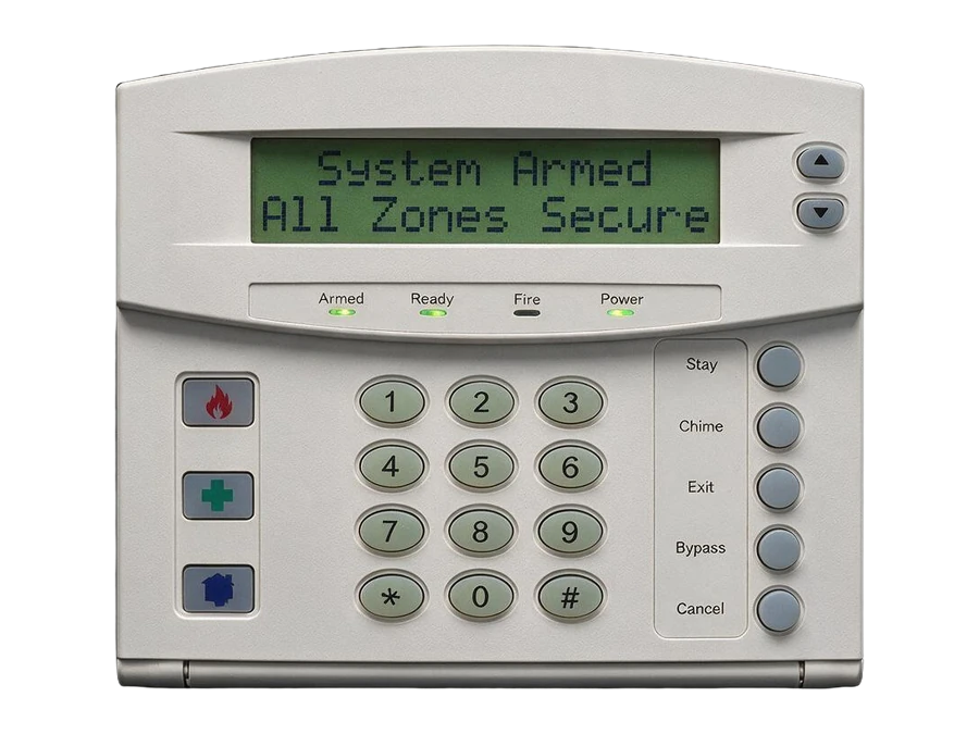Teclado de alarma con pantalla LCD que indica sistema armado y todas las zonas seguras