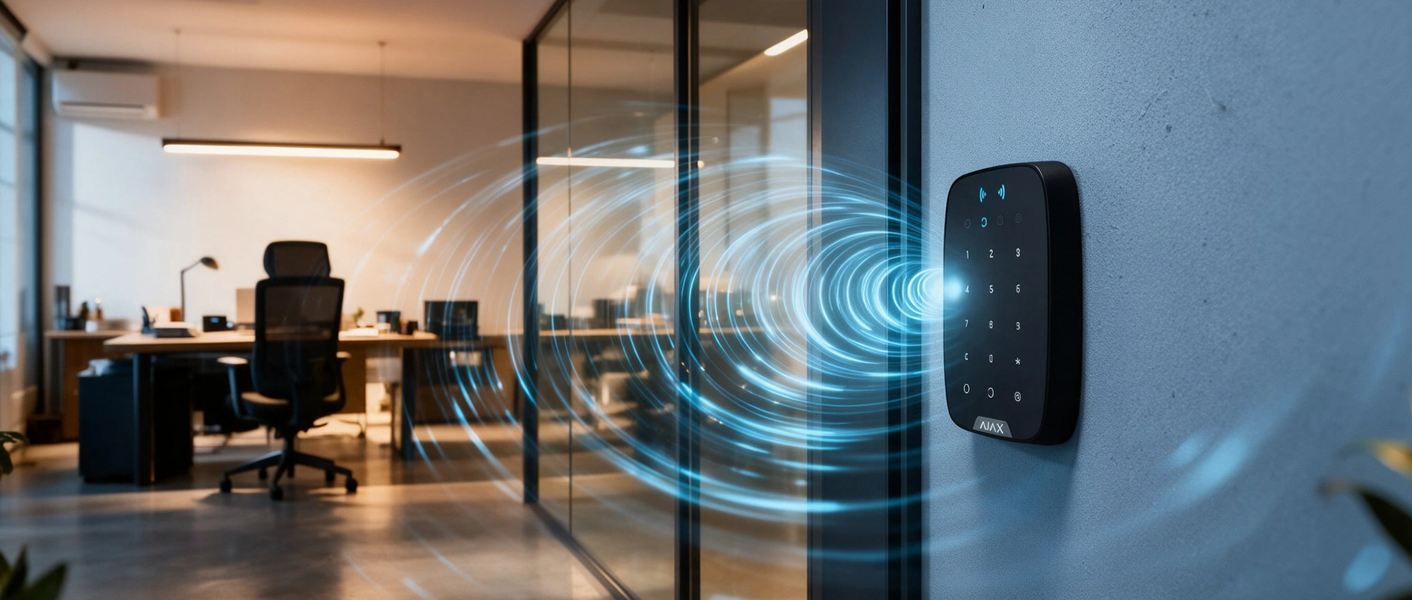 Teclado inalámbrico de alarma montado en el muro de una oficina, emitiendo señal hacia el interior