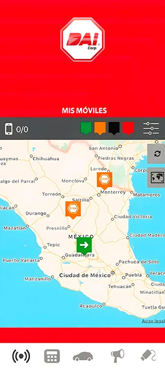 Pantalla Mis móviles de la app DAI Security PRO, con el mapa de la República Mexicana y la posición de los vehículos rastreados.