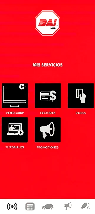 Pantalla Mis servicios de la app DAI Security PRO, con los accesos a video corporativo, facturas, pagos, tutoriales y promociones.