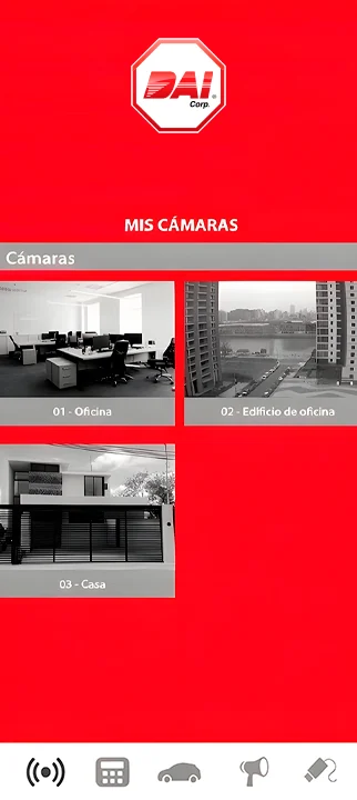 Pantalla Mis cámaras de la app DAI Security PRO, con las cámaras en miniatura identificadas por lugar: oficina, edificio y casa.