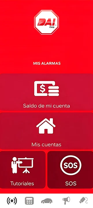Pantalla Mis alarmas de la app DAI Security PRO, con el saldo de la cuenta, las cuentas contratadas, los tutoriales y el botón SOS.