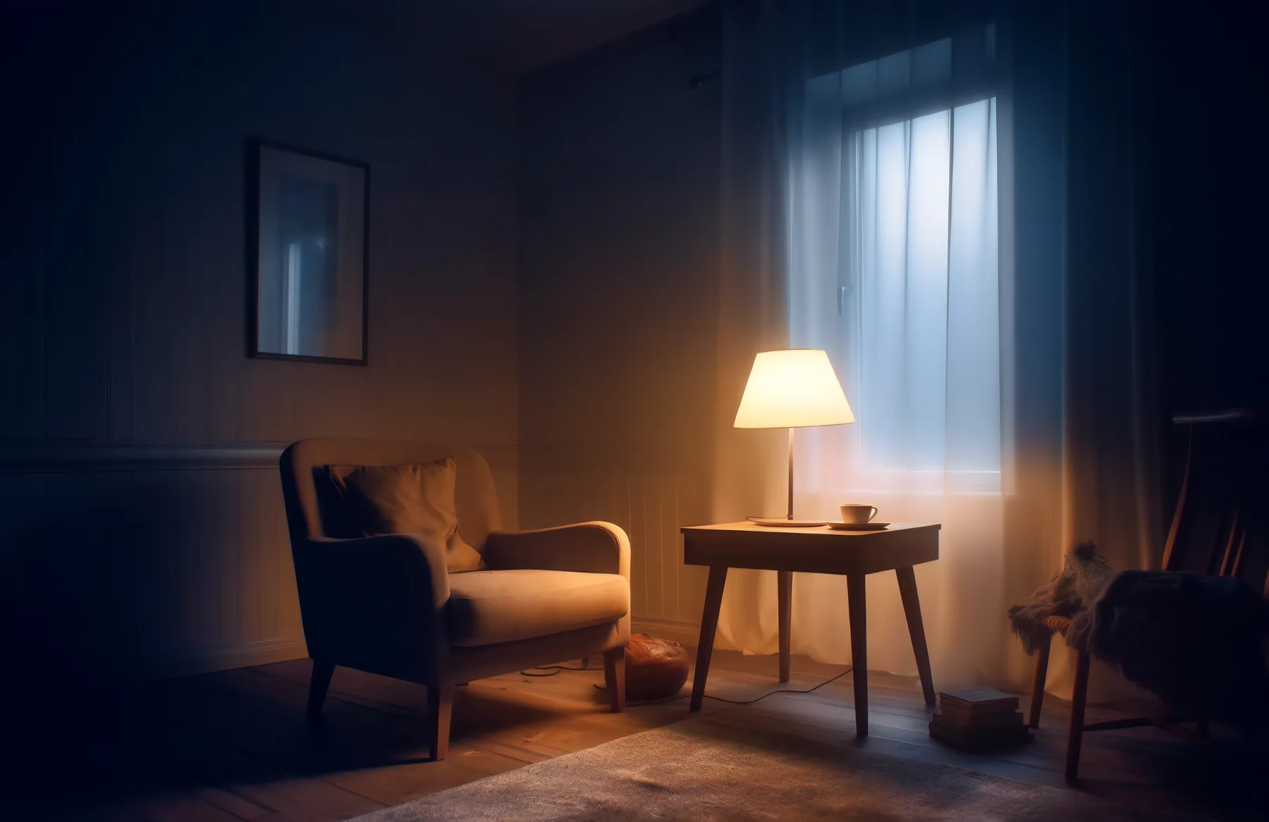 Sala iluminada por una lámpara de noche en una casa protegida con alarma