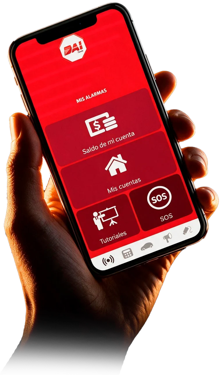 Celular con la app DAI Security PRO abierta en el menú de alarmas y botón SOS
