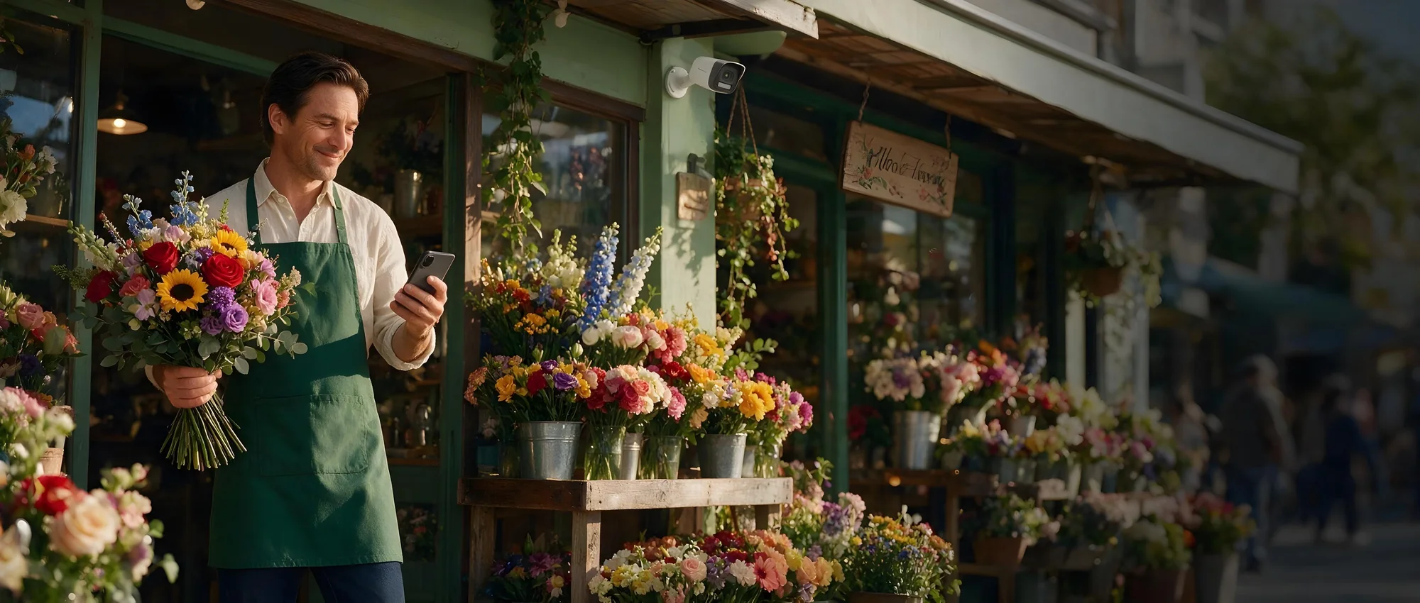 Florista frente a su negocio revisando la DAI app en el celular con un ramo en la mano