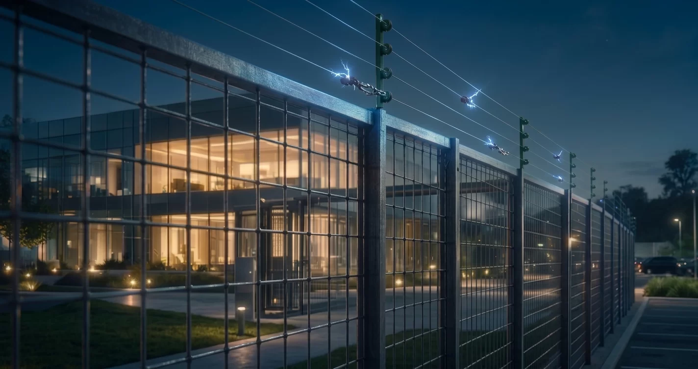 Cerca perimetral electrificada protegiendo un edificio de oficinas de noche