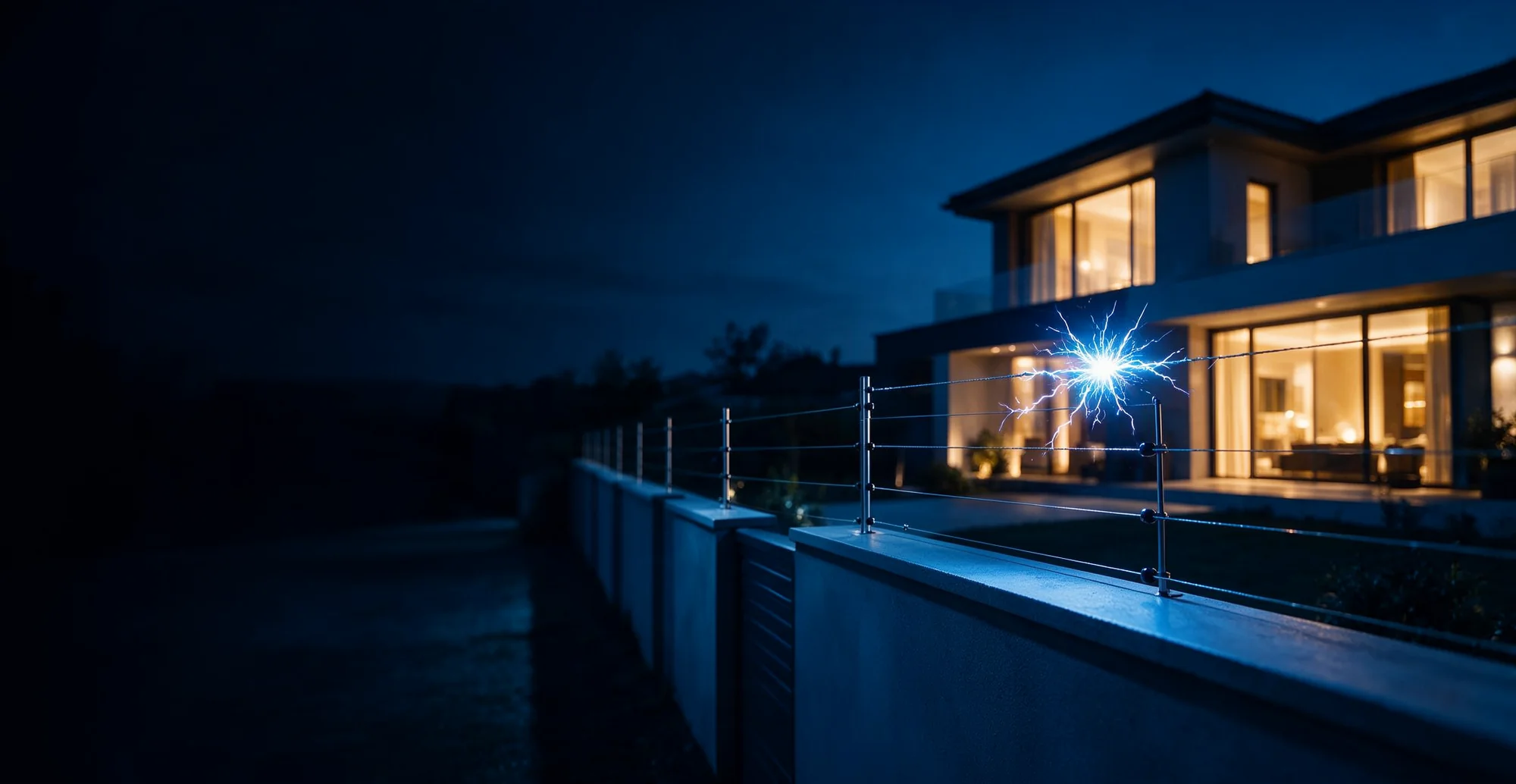 Cerca perimetral electrificada soltando una descarga sobre el muro de una casa de noche