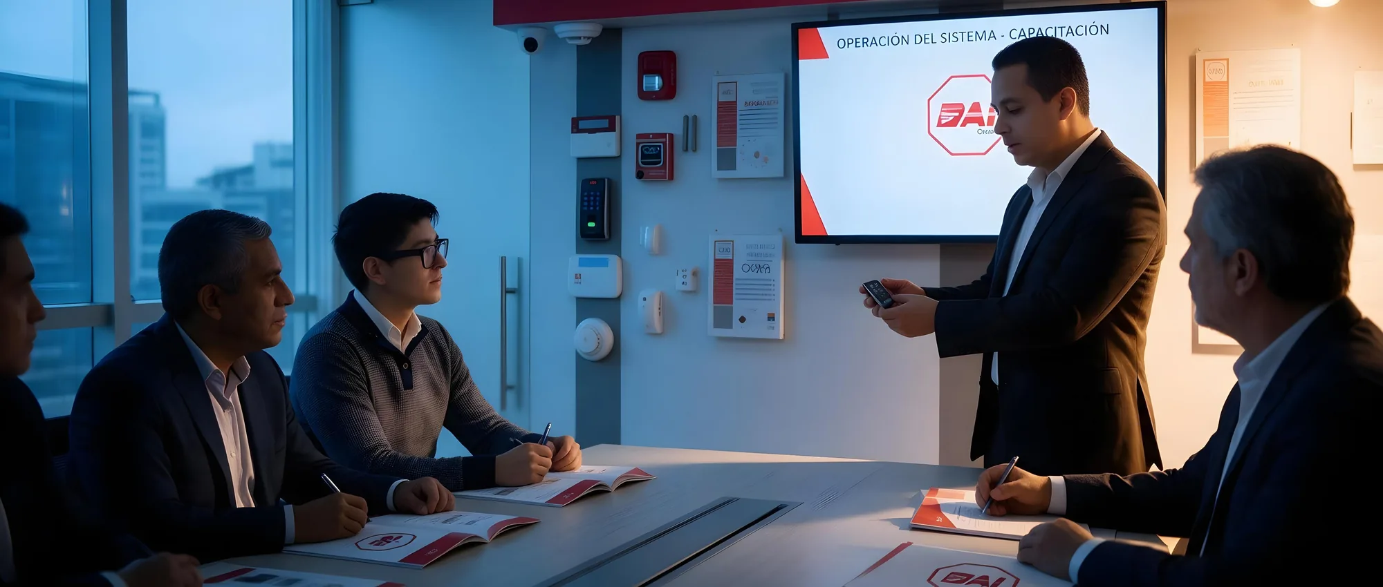 Instructor de DAI impartiendo una capacitación en seguridad a un equipo de trabajo frente a un tablero de equipos