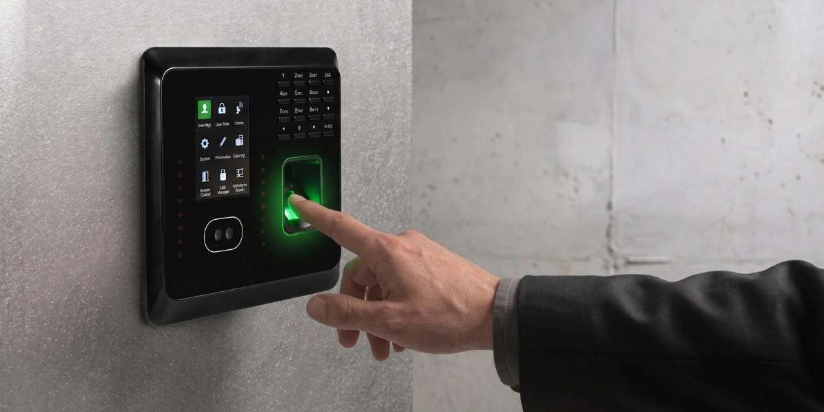 Dedo sobre el lector biométrico de huella de un control de acceso en muro