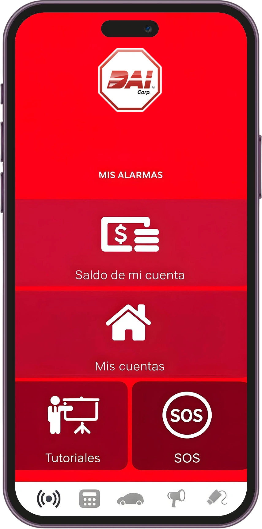Pantalla de la app DAI Security PRO con cuentas de alarma, saldo y botón SOS