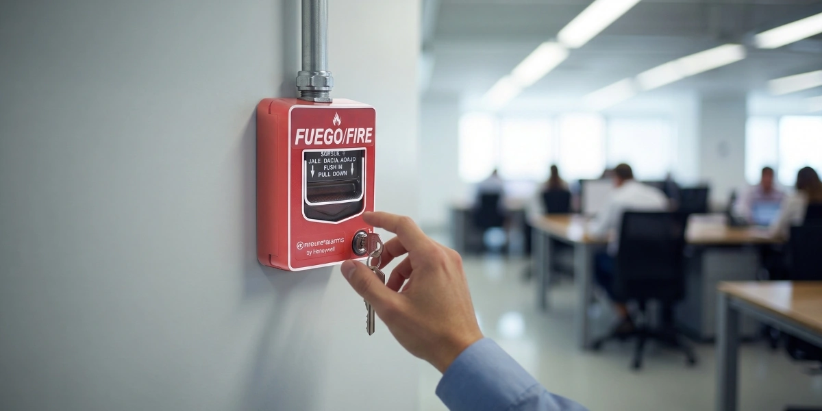 Mano activando una estación manual de alarma contra incendio en una oficina
