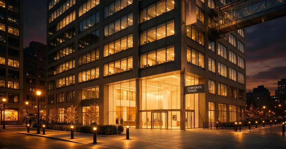 Edificio corporativo iluminado de noche protegido por guardias de seguridad privada