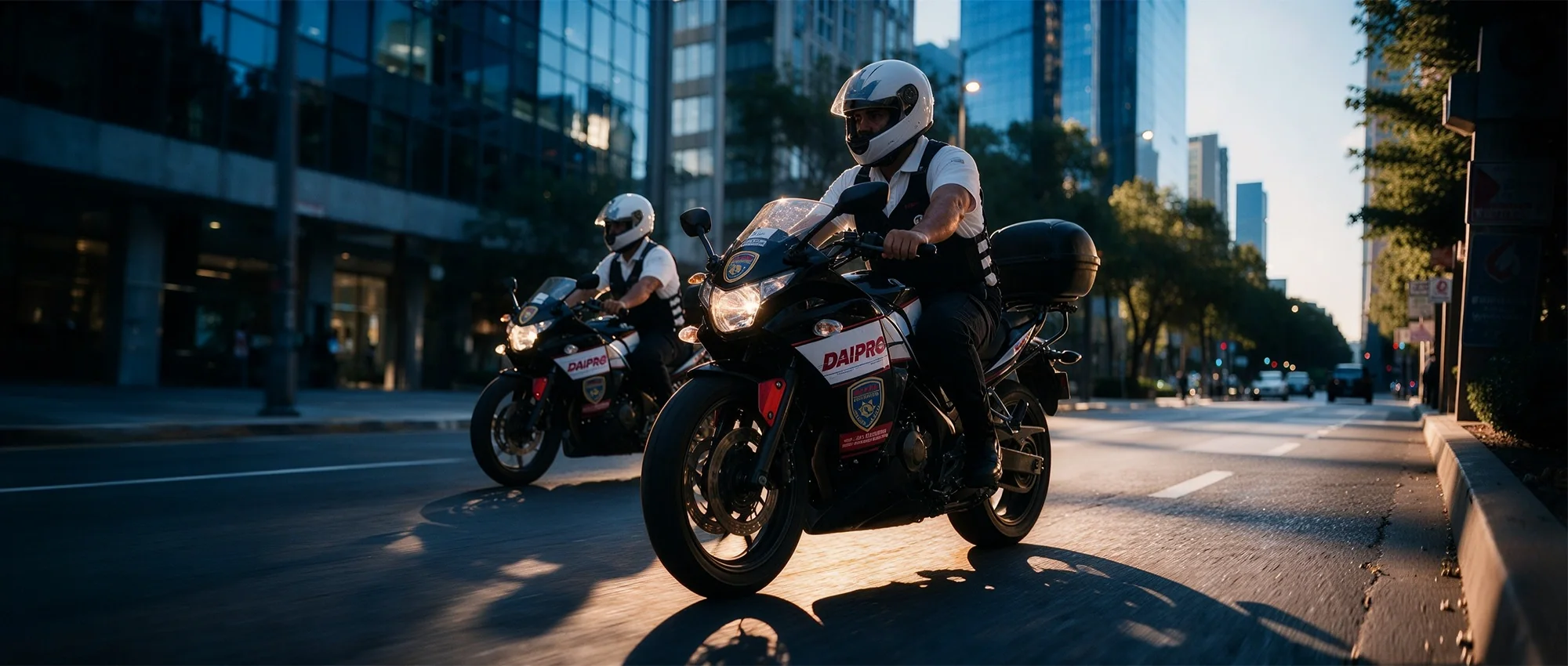 Escoltas de seguridad privada DAIPRO en motocicletas patrullando una avenida de la ciudad