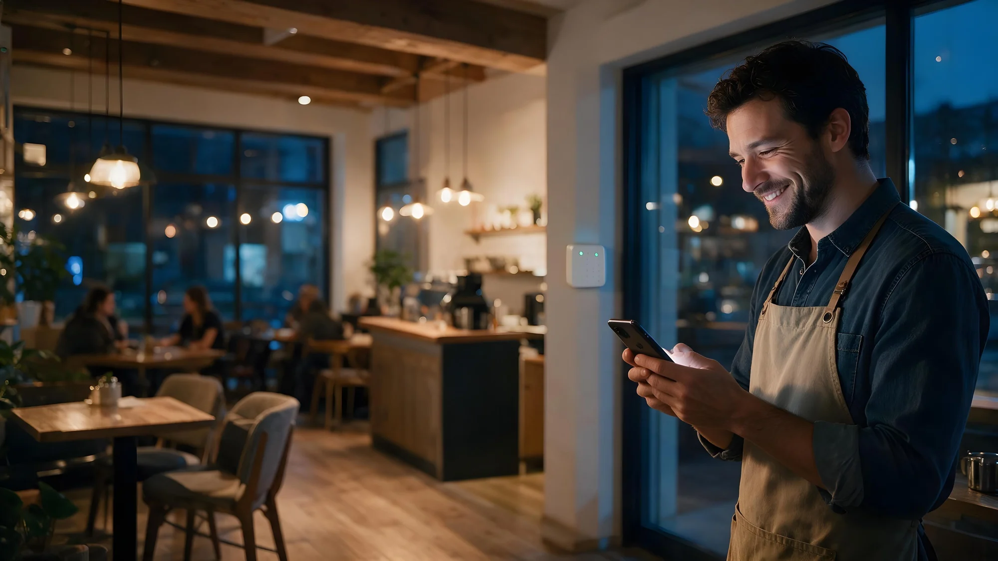 Dueño de una cafetería revisando la app de su alarma para empresas desde el celular