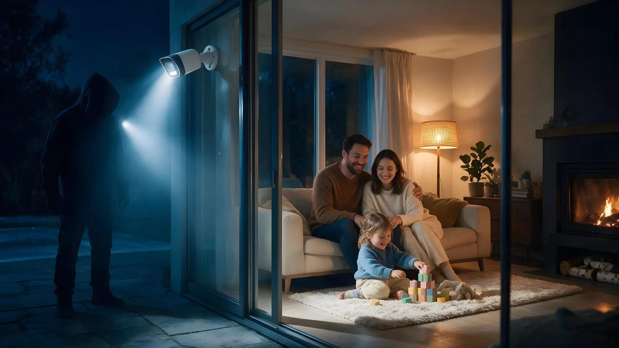 Familia en la sala mientras una cámara con luz detecta a un intruso fuera de su casa