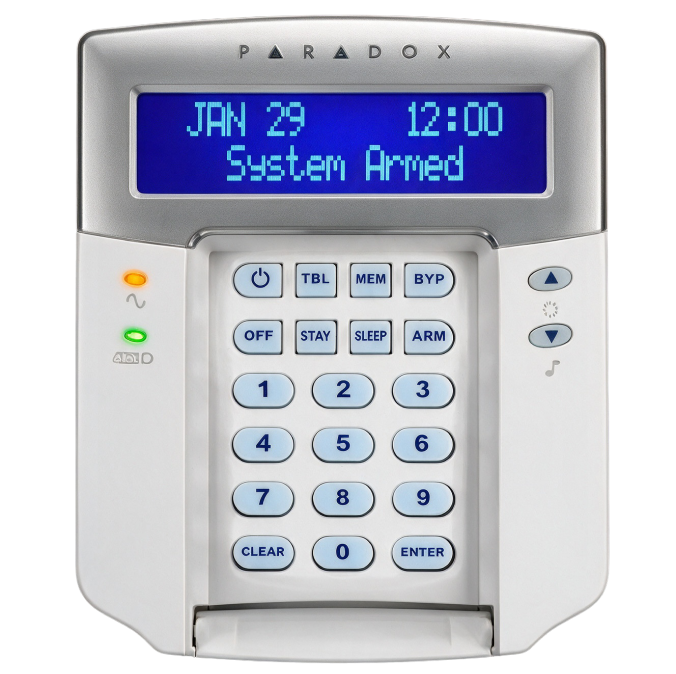 Teclado Paradox K32LCD de alarma alámbrica con pantalla que indica sistema armado