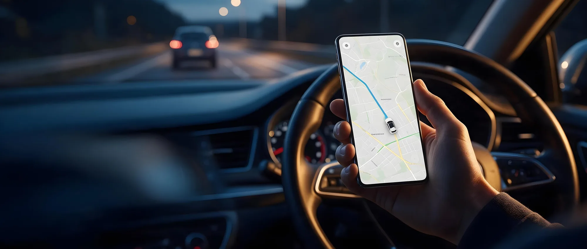 Conductor revisando en su celular la ubicación de su vehículo con el localizador GPS, al anochecer