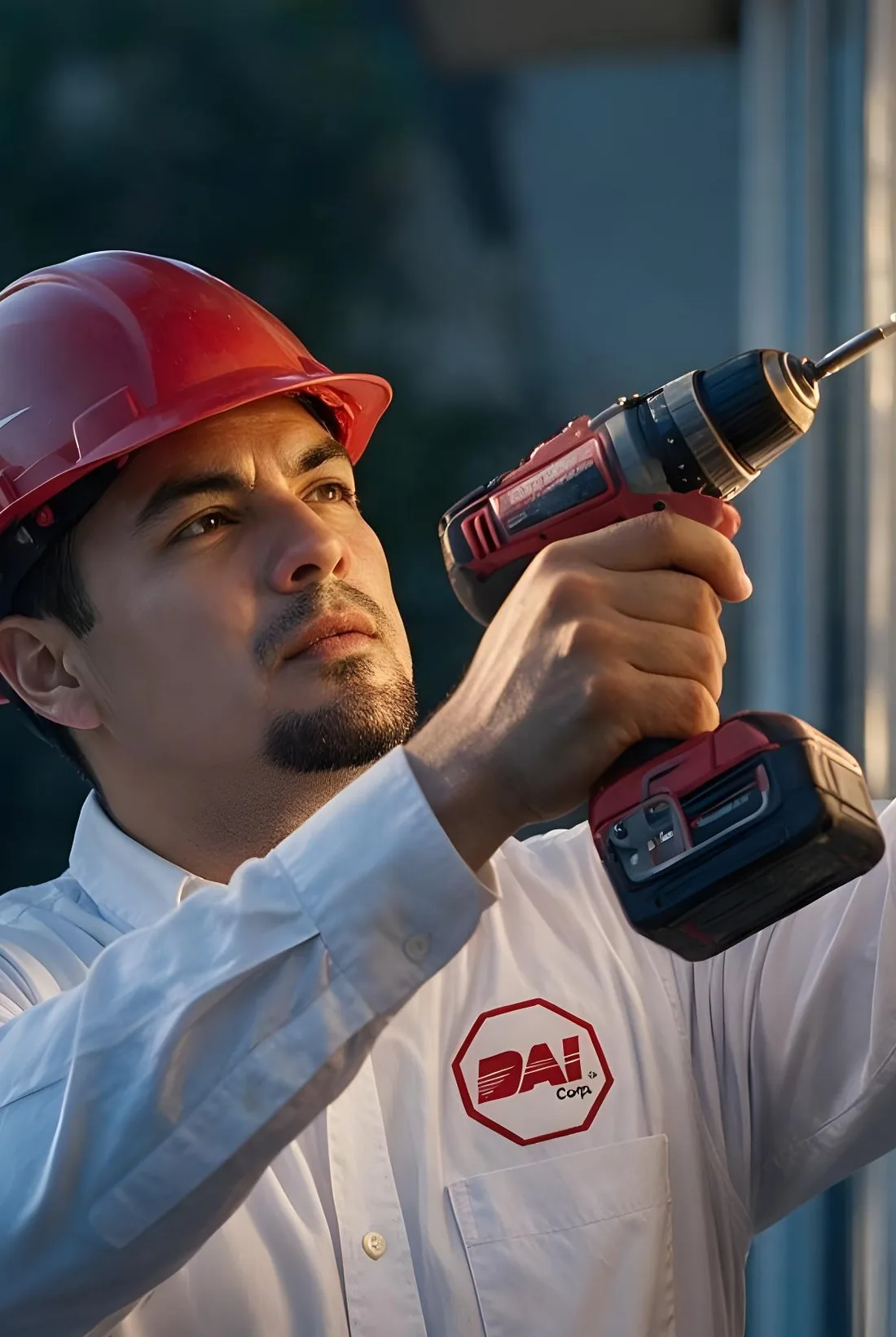 Técnico de DAI con taladro instalando equipo de seguridad en la fachada de un inmueble