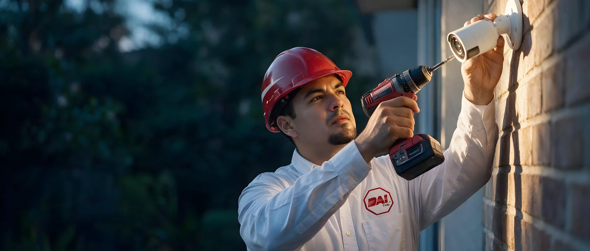 Técnico de DAI con casco rojo fijando una cámara de seguridad en un muro durante un servicio de mantenimiento
