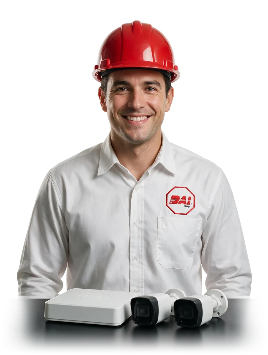 Técnico sonriente de DAI junto a un grabador y dos cámaras de videovigilancia