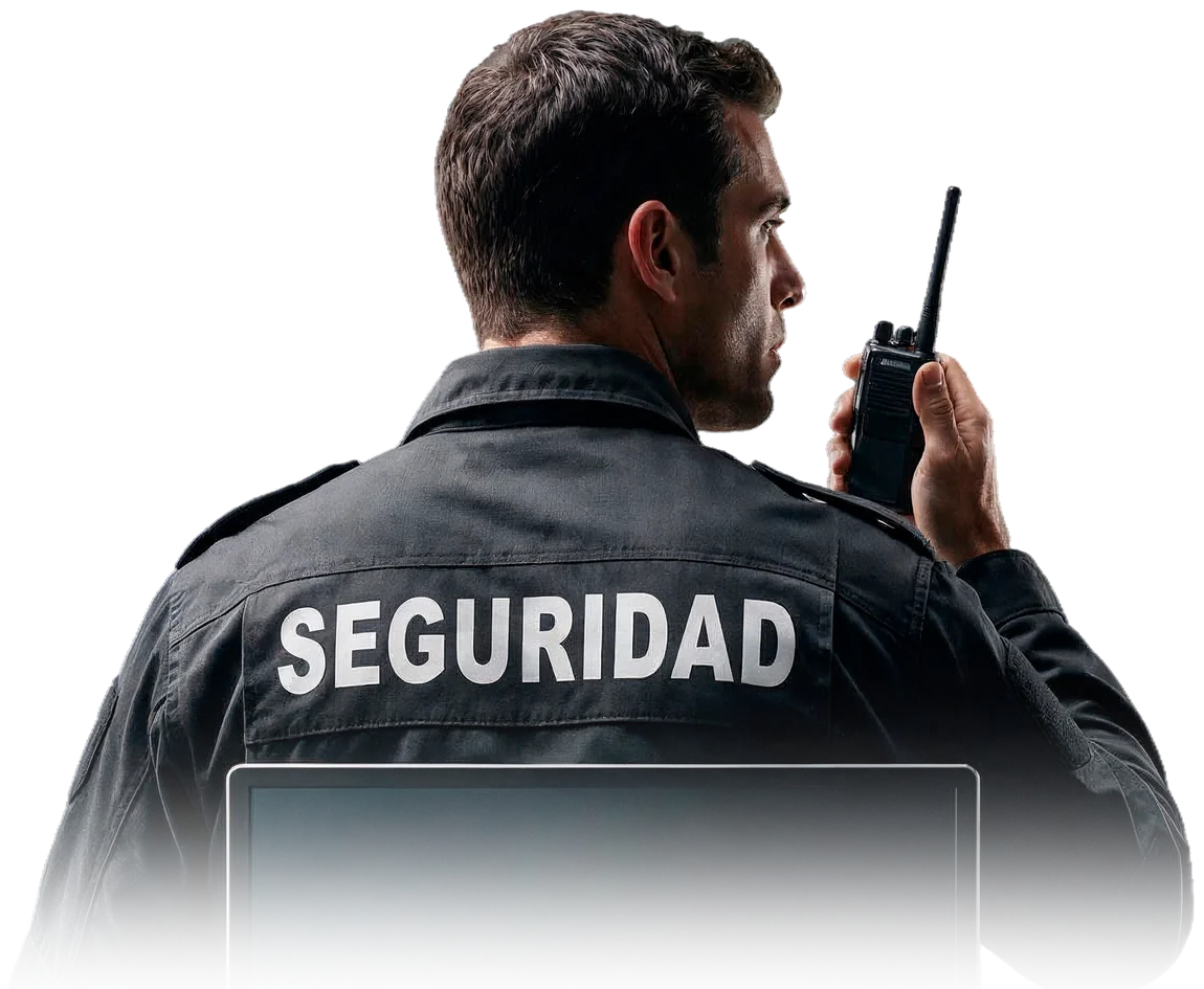 Operador de seguridad con radio atendiendo una alerta frente a un monitor de la central