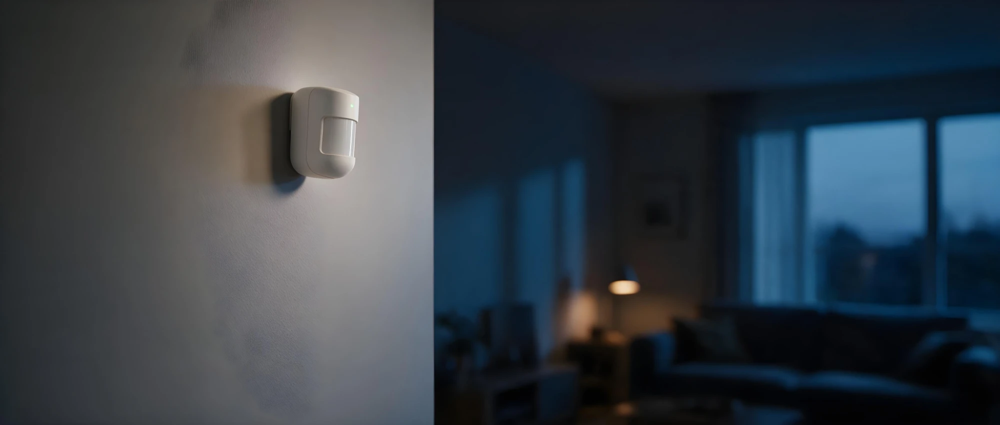 Sensor de movimiento de alarma instalado en la pared de una sala a oscuras