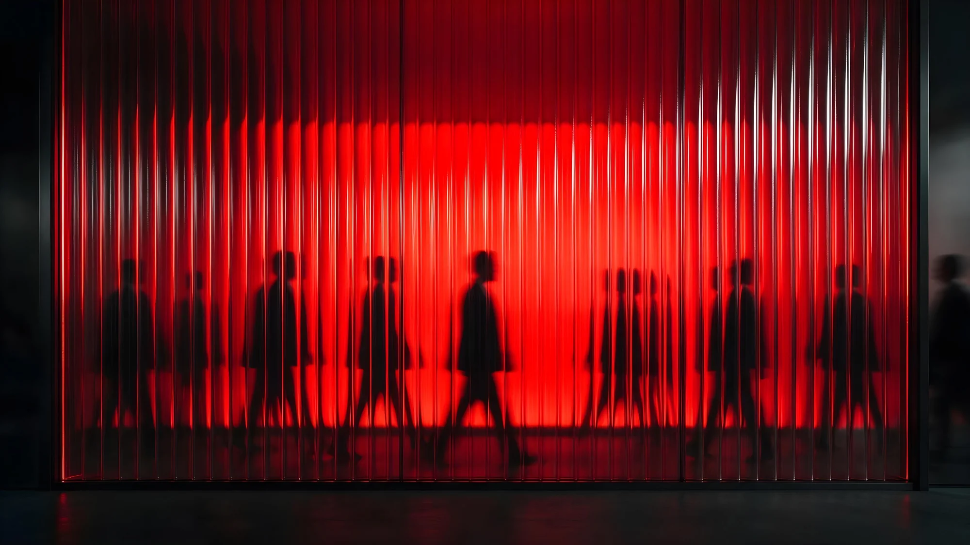 Siluetas del equipo de DAI caminando frente a una pared de cristal iluminada en rojo