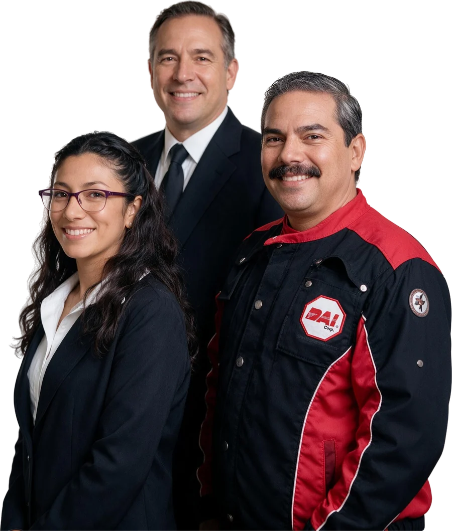 Tres integrantes del equipo DAI, entre ellos un técnico con el uniforme de la empresa