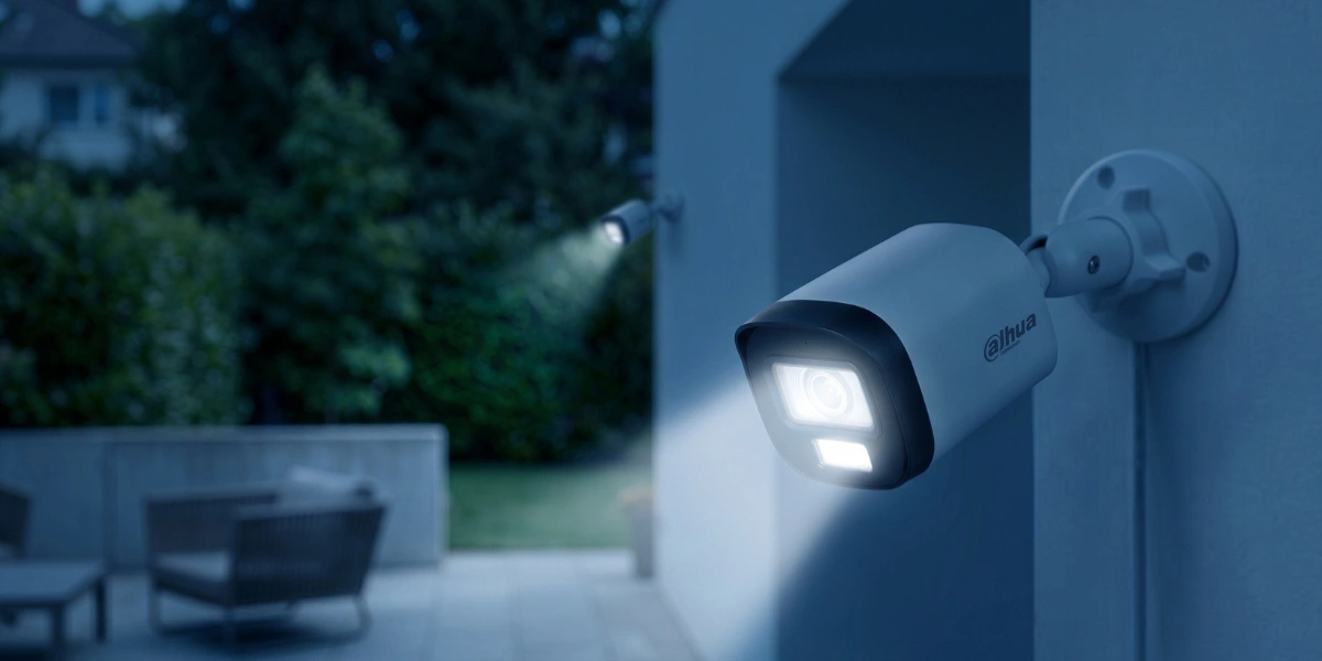 Cámara de videovigilancia con luz encendida vigilando un patio de noche