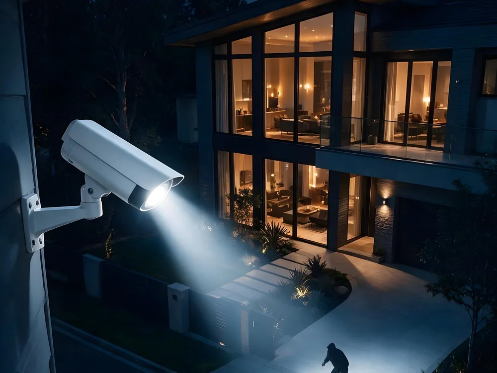 Cámara de seguridad iluminando a un intruso en el acceso de un inmueble de noche